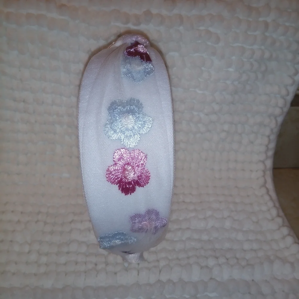 Boutique White Floral Embroidered Wide Headband | Knotted Tulle Over Flowers